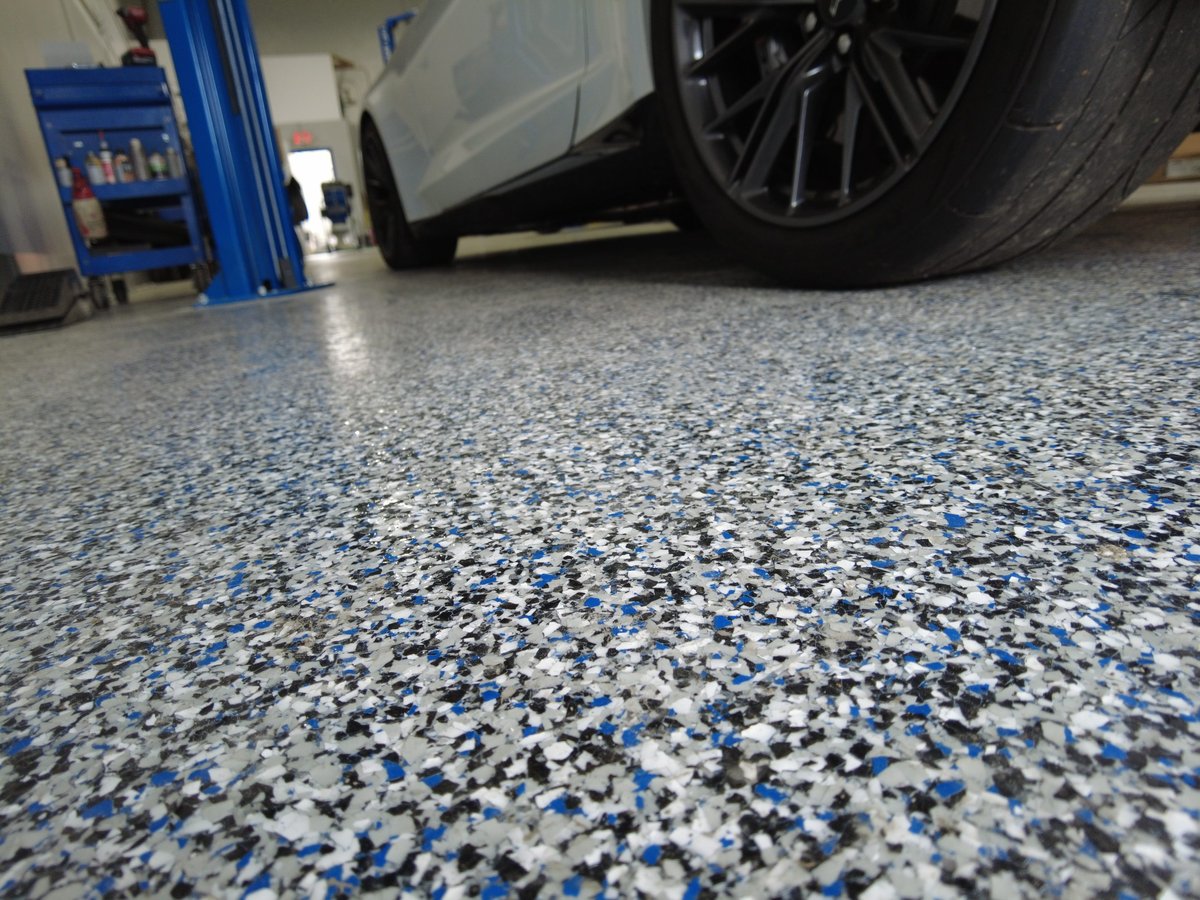 low down view of blue black gray and white polyaspartic floor