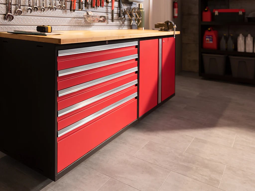 red front tool cabinet with wood top