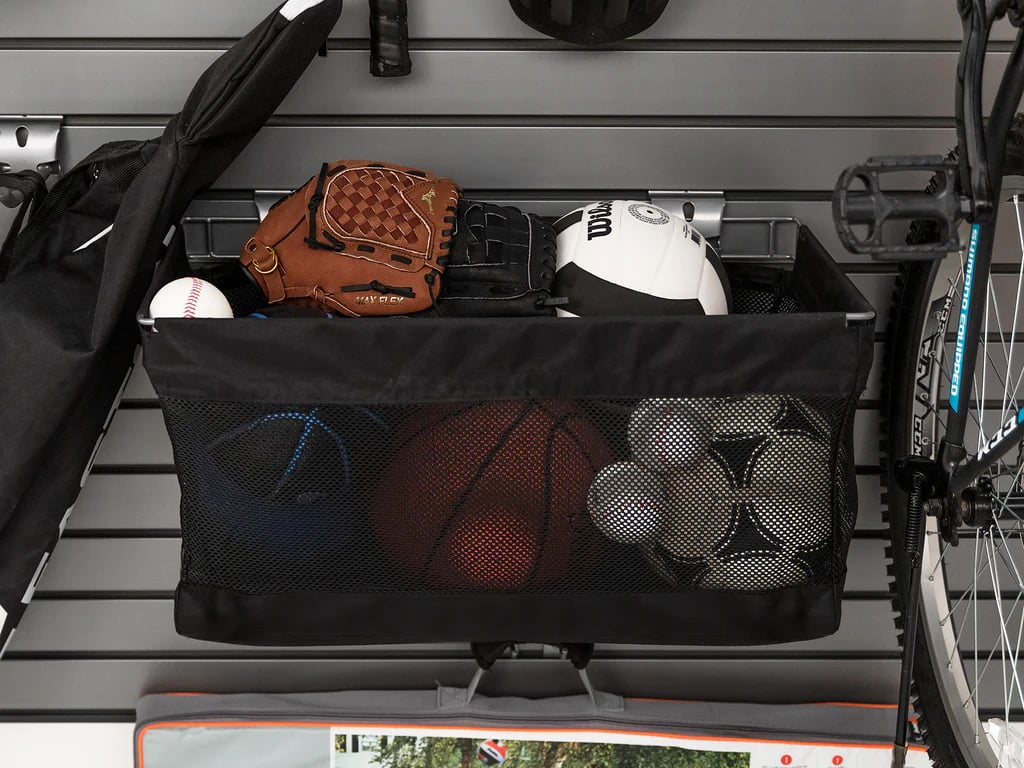 sports equipment and shoe storage on pvc slatwall