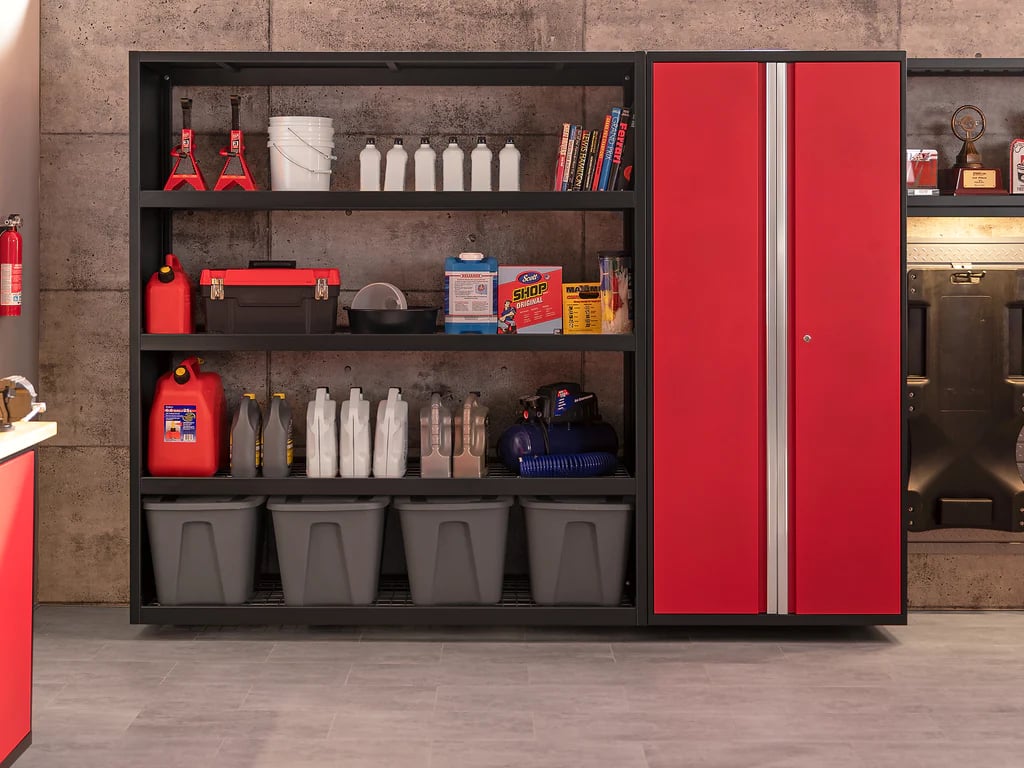 Red open front garage cabinets with supplies