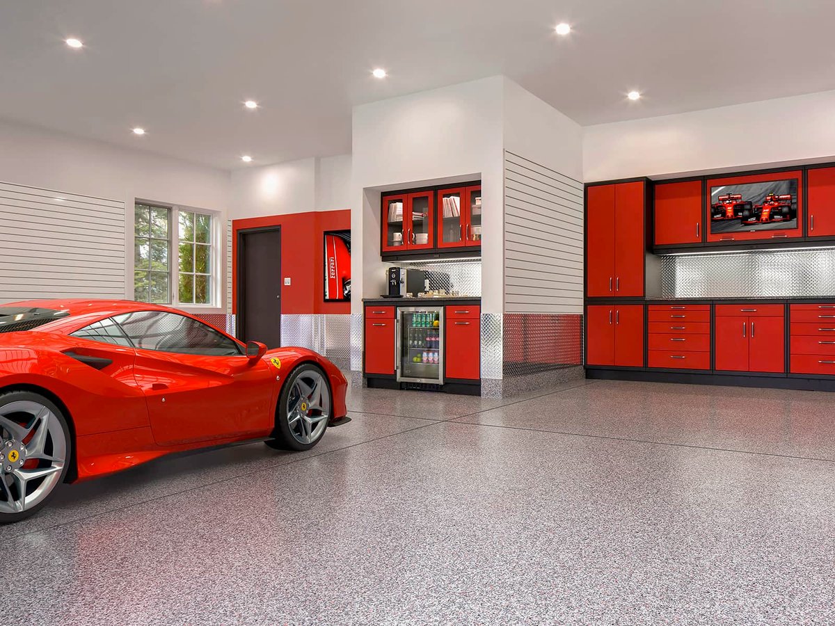 red ferrari in high-end red garage