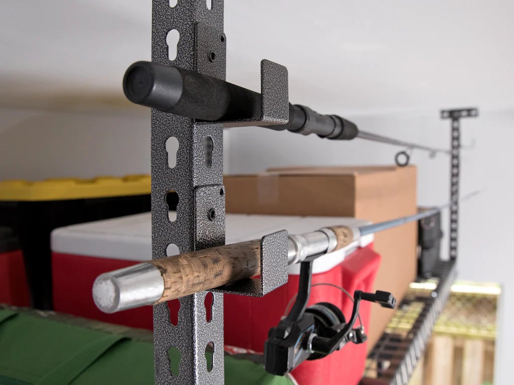 fishing rods stored on hooks in garage ceiling system