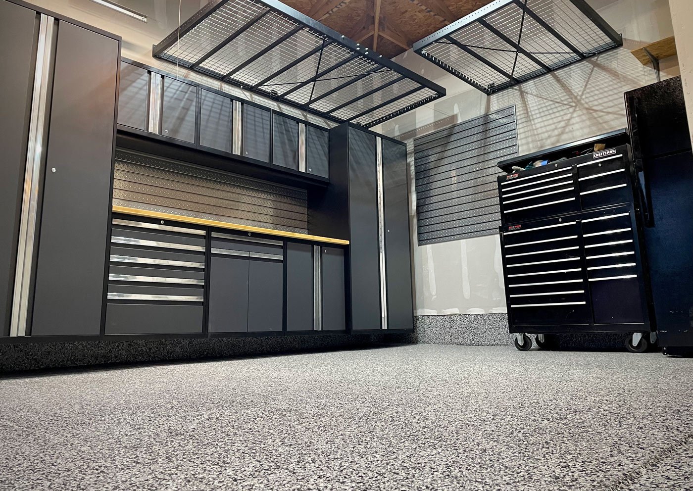 empty garage with freshly cleaned polyaspartic epoxy garage floors