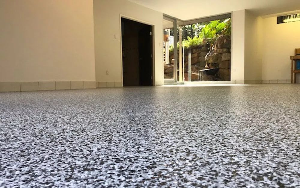 black white and gray flaked garage floor